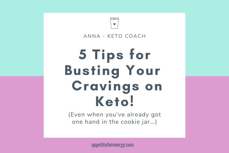 Text on an aqua and pink background - 5 Tips For Busting Your Carb Cravings On Keto